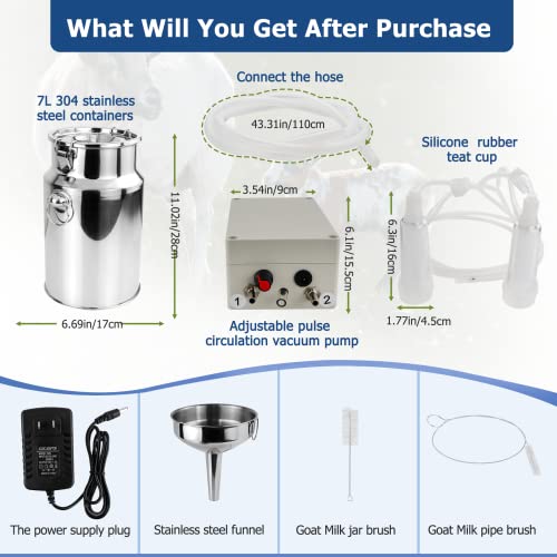 2026 Upgrade 7L Goat Milking Machine, Continuously Adjustable Suction Pulsation Vacuum Electric Milker, Portable Livstock Milking Machine with Stainless Bucket(US Plug)(7L Goat) - size: 7L Adjustable Sheep Milking Machine