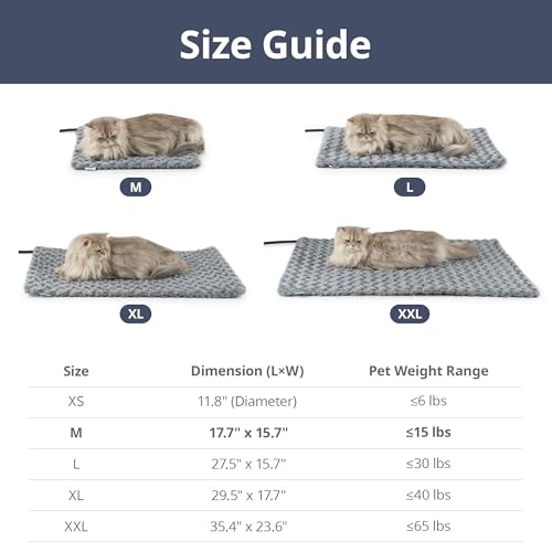 Adjustable Temperature Cat Heating Pad, 17.7"x15.7", 55W, Light Gray | 6 Heat Settings, 4 Timer Options, Chew-Resistant Cord, Rosebud Fabric Surface, Ideal for Adult Cats & Small Dogs - size: M – Rectangular 17.7" x 15.7"