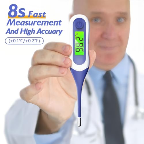 Digital Thermometer for Adults, Kids & Babies, 8-Second Fast Reading Oral Thermometer with Fever Alarm, Waterproof Baby Thermometer for Oral Rectal Underarm, 3-Color Backlit LCD,Storage Case Included - color: Blue