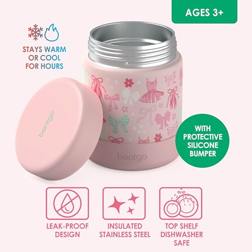 Bentgo Kids Stainless Steel Leak-Proof Food Jar for Hot or Cold Food | 11 fl oz Double Insulated Container with Removable Silicone Bumper, Dishwasher Safe, Easy Open Lid, Ages 3+ (Ballet and Bows) - color: Ballet and Bows
