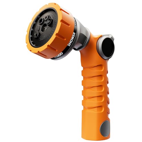 RESTMO Heavy Duty Hose Nozzle, Metal Garden Water Hose Sprayer | 7 Watering Patterns, Thumb Control, On Off Valve, Leak Proof Nozzle Sprayer for Watering Plants, Car & Pet Washing, Orange - color: Orange