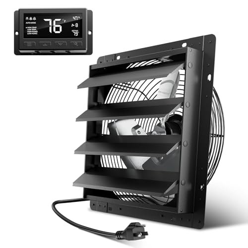 Hon&Guan Shutter Exhaust Fan, 14-Inch Wall Mount Attic Fan with Temperature Humidity Controller, 10-Speed Adjustable, 1294 CFM, for Ventilation and Cooling in Greenhouses, Garages, Chicken Coops - color: Black, size: 14 Inch