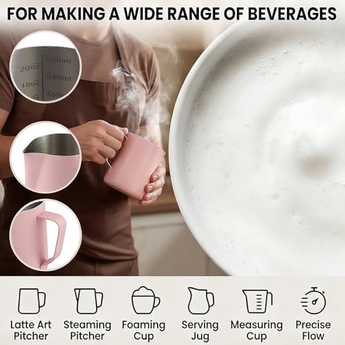 Milk Frothing Pitcher 20oz (600ml) – Stainless Steel Latte Art Pitcher with Inner Scale & Pointed Spout for Espresso Machine & Coffee Barista Tools – Pink Stainless Steel Milk Frother - color: Pink