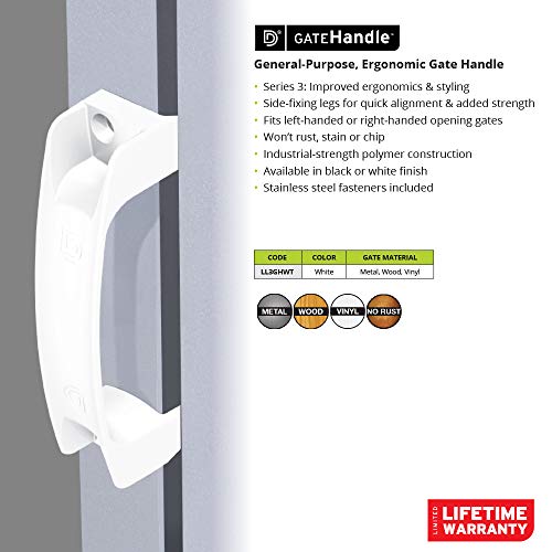 D&D TECHNOLOGIES LL3GHWT Gate Handle, Reversible for Right or Left Handing, Side-Fixing Legs Provide Easy Alignment & Added Strength, for Any Square Post Gate - color: White