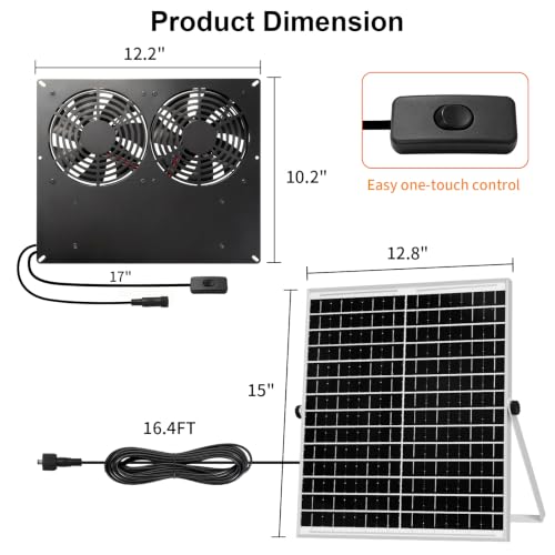 25W Metal Frame Solar Powered Fan with Battery | IP65 Waterproof Solar Exhaust/Intake Fan for Chicken Coop, Greenhouse, Dog House and Shed, Low Noise