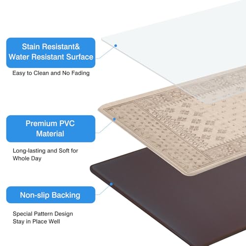 Kitchen Anti-Fatigue Mat, 2PCs, 17.3"x47"+17.3"x29", 0.4" Thick | PVC Non-Slip Cushioned Comfort Washable Floor Rug, Ergonomic Standing Rugs, Easy Clean for Home, Sink, Laundry - color: Beige-1
