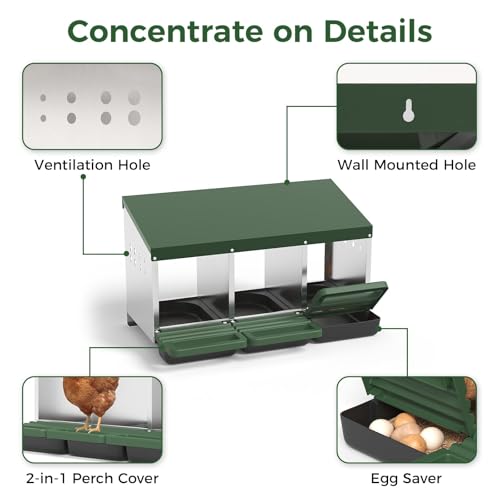 3-Compartment Chicken Nesting Box, Heavy Duty Galvanized Steel Poultry Nest Box, Wall Mount/Freestanding Design for Hens, Ducks, Backyard Homesteads & Farm Use, Green, with Soft Mats, No Stand - color: Green, size: 3 Room&Mat Board