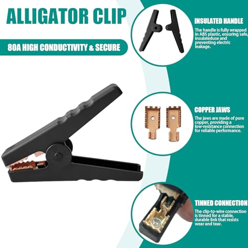 6.2-Ft 12 AWG Grounding Wire with Crocodile Clip and M6 Ring Terminal | Tinned copper wire with 80A, 1.2-inch crocodile clip and M6 ring terminal for generators, electric fences, and antennas. - color: Only 6.2ft Crocodile Clip Wire