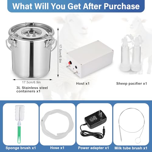 3L Upgrade Milking Machine for Goats Cows,Continuously Adjustable Suction Pulsation Vacuum Electric Milker,Portable Suction Machine W/Stainless Bucket Milk Tube Brush, Sponge Brush,Udder Protection