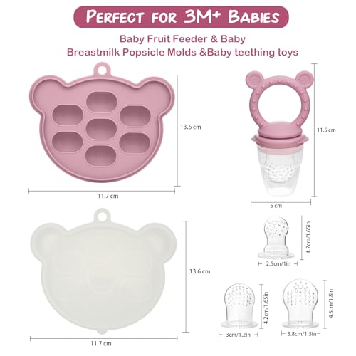 Baby Breastmilk Popsicle Molds & Baby Fruit Feeder (2 Pack), Infant Food Freezer Tray Storage Containers, Silicone Teething Pacifier Feeder and Teether for Babies - Blush - color: Q-Pink
