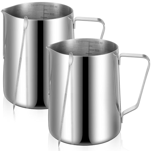 2 Pcs Milk Frothing Pitcher, 32 Oz Stainless Steel Steaming Pitcher for Espresso, Cappuccino, Barista Frother Jug with Tick Mark and Latte Art Pen, Silver
