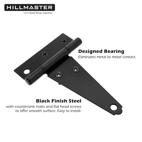 HILLMASTER 4 Inch T-Strap Hinges Shed Window Door Hinges Gate Strap Hinges Heavy Duty Black Tee Hinge Wrought Gate Hardware Post Small T Hinges for Wooden Fences,Shutter,Yard,Barn Door,Outdoor(4 Pack) - size: 4in 4Pack