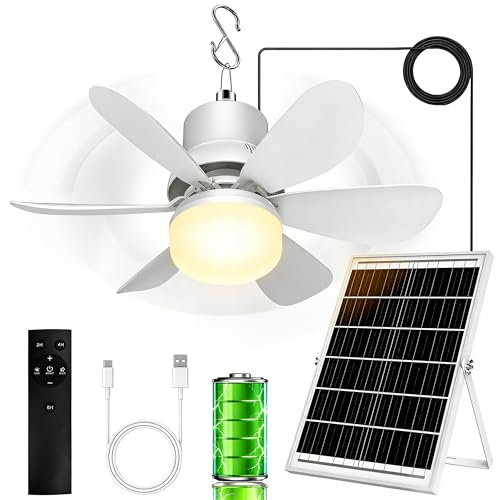 Solar Fan for Gazebo with Light | Solar Powered Ceiling Fan with Remote | 18000mAh Rechargeable | 17.5'' Portable Outdoor Hanging Fans for Pergola| Backyard| Camping| Tent| RV Canopy, IP54 Rated