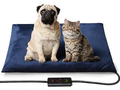 Toozey Pet Heating Pad, 6 Adjustable Temperature Dog Cat Heating Pad with Timer, Waterproof Heated Dog Bed with Chew Resistant Cord, Indoor Electric Pet Heated Mat 28x20in - color: Navy Blue, size: 28.0"L x 20.0"W x 0.6"Th