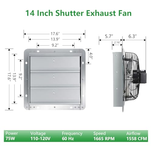 Shutter Exhaust Fan, 14 inch Wall Mount Attic Fans w/Speed Controller,1558 CFM,Chicken Coops Vent Fan for Greenhouse, Gable, Barn, Garage, Shed Ventilation Fan - color: With Speed Control, size: 14 inch