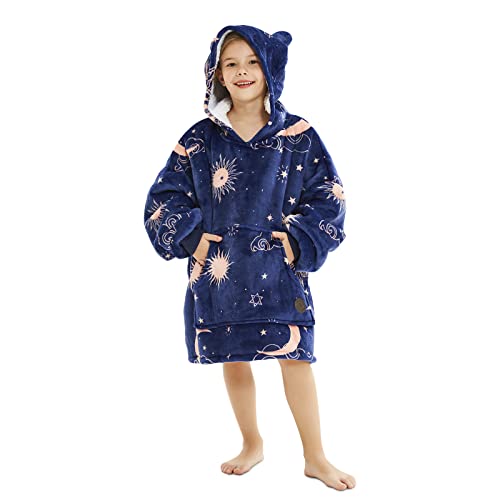 THREE POODLE Wearable Blanket Hoodie for Kids, Oversized Sherpa Sweatshirt Blanket with Giant Hood, Warm Cozy Hooded Blanket, Cute Gifts for Kids Girls Boys - color: Deep Blue Star, size: Kids