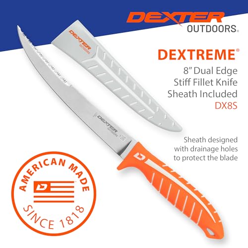 Dexter Outdoors Dextreme Dual Edge 8" Stiff Fillet Knife with Sheath | Stiff dual edge high-carbon stainless blade for firm control on big fillets. Protective sheath included for transport. - style: 8" Dual Edge Stiff