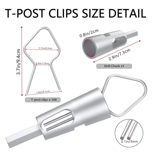 100 Pcs T Post Clips Kit, Metal Wire Fence Clip & 1 Drill Chuck, Galvanized Steel Tie Preformed T-Post Fence Clips 11 Gauge Fence Ties Fast Installation Farm Garden&Livestock Fencing T/U-Posts(Silver) - size: 100PCS