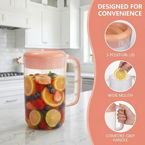 2 Pack 1 Gallon Plastic Pitcher with 3 Ways Lid, Large Gallon Water Ice Tea Pitcher with Handle Measurement for Party Outdoor, Freezer/Dishwasher Safe, BPA Free