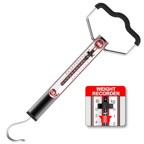 20 LB Aluminum Spring Fish Scale with Peak Marker & Zero Reset | Mechanical Tube Fishing Weighing Gauge with Hook, Non-Digital Hand Held Pull Weigher, Hanging Drag Weight Scale - color: 20lbs