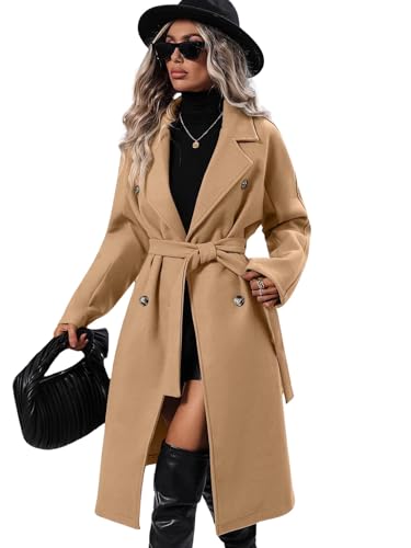 utcoco Womens Long Wool Pea Coat Notched Lapel Double Breasted Trench Coat Winter Warm Overcoat with Belt - color: Camel, size: XX-Large