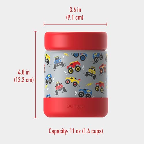 Bentgo Kids Stainless Steel Leak-Proof Food Jar for Hot or Cold Food | 11 fl oz Double Insulated Container with Removable Silicone Bumper, Dishwasher Safe, Easy Open Lid, Ages 3+ (Trucks) - color: Trucks