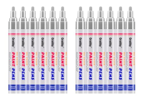 Silver Paint Markers, 12 Pack Oil-Based Waterproof Quick Dry Permanent Paint Pen Set for Rocks Painting, Wood, Fabric, Plastic, Canvas, Glass, Mugs, Metal, Tire, Stone, DIY Craft - color: Silver