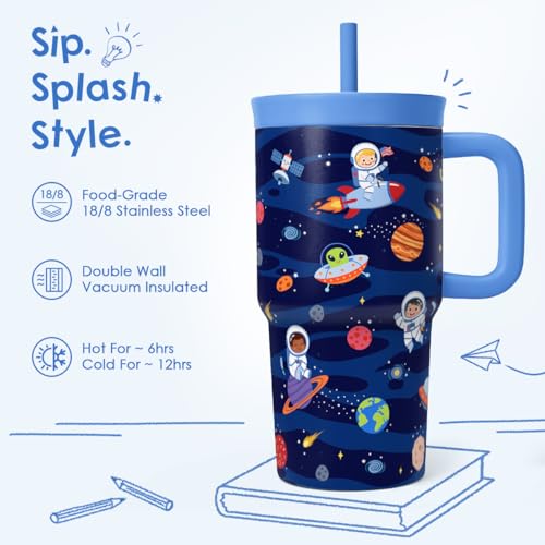 SANDJEST Outer Space Stainless Steel Tumbler 20oz with Handle and Silicone Straw Locking Lid for Kids Boys Girls, Birthday Christmas Back to School - color: Outer Space