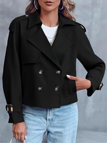 ebossy Women's Double Breasted Short Duster Trench Coat Lapel Loose Windproof Cropped Jacket Coat with Pockets - color: Black, size: Small