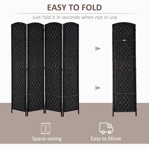 HOMCOM Room Divider 4-Panel, 6FT-Tall Folding Privacy Screen, Black | Freestanding Partition, Hand-Woven Design, for Room Separation, 360° Hinges, Paper Rope Diamond Weave - color: Black, size: 4 Panel