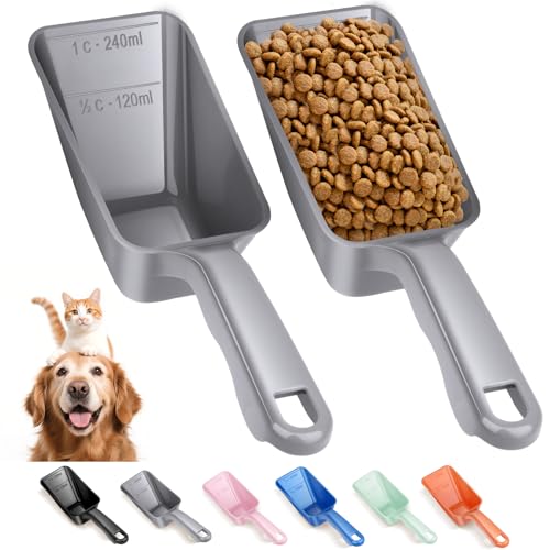 2-Pack Dog Food Scoop 1 Cup, Plastic Pet Food Measuring Scoop With Measuring Lines (1/2 & 1 Cup Markings) for Dogs, Cats, Fish, Bird（Grey) - color: Gray