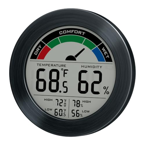 Digital Hygrometer Indoor Thermometer, Brushed Metal Frame, Black | Large round display, clear digits, accurate readings, comfort gauge, humidity meter, room temperature and humidity monitor - color: Black Stainless