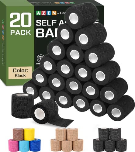 AZEN 20 Pack Self Adhesive Bandage Wrap Black, Black Athletic Tape, Vet Wrap, Tattoo Grip Tape Wrap, Ankle Tape, Cohesive Bandage Wrap - color: Black