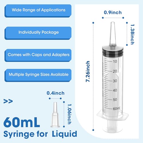 60mL Plastic Syringe for Liquid - 3 Pack Large Syringes with Adapter for Scientific Labs, Feeding, Oil Filling, Individually Wrapped - style: 60mL