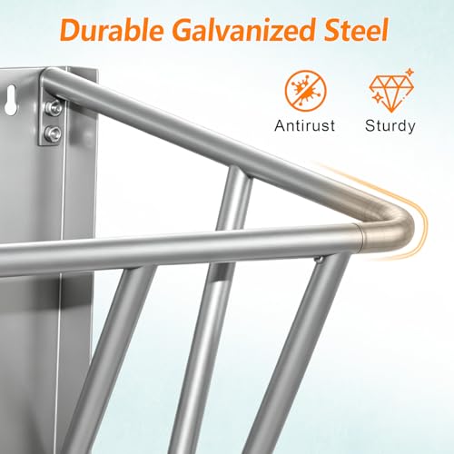 2 in 1 Wall Mount Hay and Grain Feeder, 25 Gallons Livestock Feeder | Galvanized Steel Wall Hay Rack, Hanging Hay Feeder with Mounting Kit for Goats Sheep Horse, Slow Feeder for Goats with Trough - color: Silver