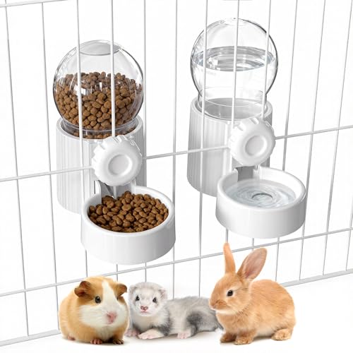 38oz Rabbit Water Dispenser and Feeder Set (White) | Large Hanging Automatic Food Water Dispenser, for Bunny Guinea Pig Chinchilla Ferret Cage Accessories - color: White