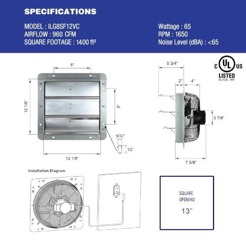 iLiving 12" Shutter Exhaust Fan with Wireless Smart Remote Controlled Thermostat and Humidity, Variable Speed Wall Mounted Attic Vent Fan, Chicken Coop Ventilation, 960 CFM, 1400 SQF Coverage Area - size: 12 inches