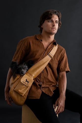 Noah & Paw Dog Sling Carrier for Small Dogs 5-18lb, Dog Sling for Small Dogs and Cats, Dog Carrier with Adjustable Padded Strap, Vegan Leather Lined with Fur, Double Safety Feature, Machine Washable - color: Camel