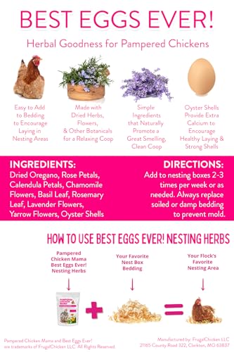 Pampered Chicken Mama Best Eggs Ever! Nesting Herbs for Chickens (8 Pounds Total) for Chicken Nesting Boxes Calcium Supplement for Chickens | Chicken Feed Supplies, Hen Treats for Coops (8 Bags) - size: 1 Pound (Pack of 8)