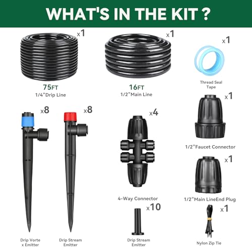 Drip Irrigation System for Garden, 2026-Upgraded Quick Connect Garden Watering Kit All-in-One with 1/2 inch 1/4 inch Irrigation Tubing for Garden, Lawn, Greenhouse, Raised Beds (91FT) - size: 91FT