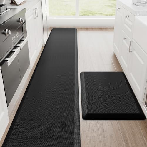 StepRite 1-Inch Kitchen Mats for Floor, 2-Piece Anti-Fatigue Rugs, Black | 20" x 32" + 20" x 94.5", extra-thick cushioning, water-resistant, easy to clean, non-slip, for kitchens and standing desks - color: Black, size: 20" x 32"+20" x 94.5"- 1 inch