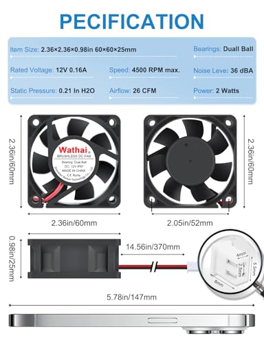 Wathai 60mm 12v Fan Waterproof High Speed Small 12V DC Computer Cooling Fan | Built with a dual ball bearing and IP67 protection, this 12v computer fan waterproof unit thrives in humid battery boxes - size: 60x25mm