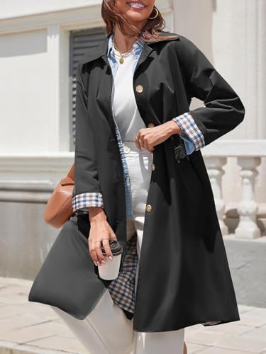 Tankaneo Womens Long Oversized Single Breasted Windproof Trench Coat | Plaid Lining, Lightweight, Trendy，Button down, Fall fashion,Outerwear - color: Black, size: X-Large