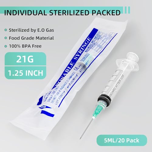 20 Pack 5ml Syringes with 21G 1.25 Inch Needle, Disposable Luer Lock Syringe Individually Sterile Packed for Scientific Lab, Liquid Measuring and Dispensing - size: 5CC-21G-1IN