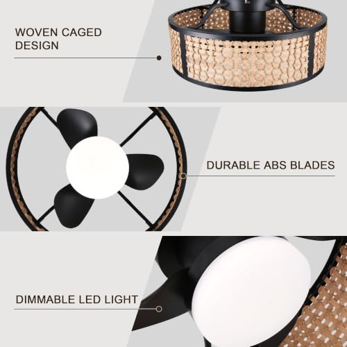 20" Boho Caged Ceiling Fan with LED Light and Remote Flush Mount | Woven Rattan Fandelier Low Profile Small Chandelier for Bedroom Kitchen Living Room 3CCT Dimmable Reversible DC Motor 6 Speed