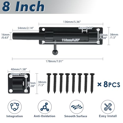 Alise 8 inch Barrel Bolt Latch,Black Heavy Duty Slide Lock for Barn Door | SUS304 Stainless Steel Padlock-Style Slide Bolt Latch,Security Gate Latch for Wooden Fence,Interior or Outdoor Door - color: Black, size: 8 Inch