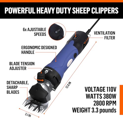 Sheep Shears Electric Clippers 2500RPM, 6-Speed Control - Heavy Duty Livestock Grooming Kit for Sheep, Goats, Alpacas, Llamas - Case, Low Vibration, 18.3ft Cord (2 Blades Included) - size: 2 Blades Included