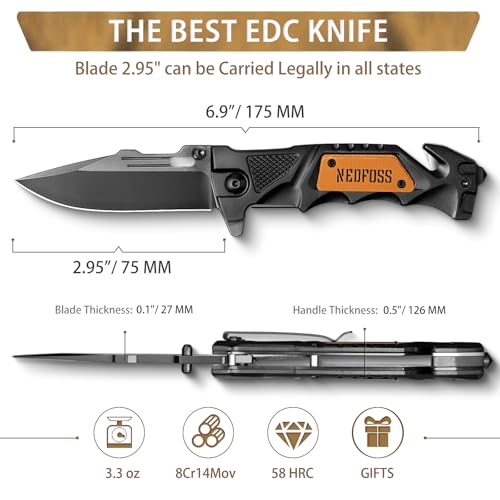 NedFoss Pocket Folding Knife DA75 Mini, 3 in 1 Pocket Knife Gifts for Men | 2.95 Inch Survival Knife w/ Liner-Lock, Seat Belt Cutter, Glass Breaker, Hunting knife for Camping, Christmas Gift for Women - color: Black-Mini2.95“