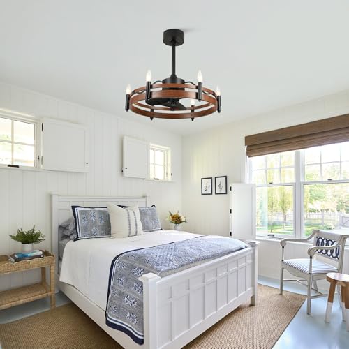 24" Wagon Wheel Chandelier Ceiling Fan with Lights and Remote | 6-Light Rustic Chandelier with Fan, Farmhouse Fandelier for Dining Room Bedroom Living Room, E12 Bulbs Not Included - color: 24" Wagon Wheel