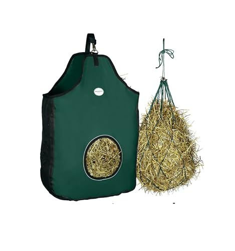 Majestic Ally 1200 D Hay Feeder Tote Bag for Horses, Sheep with Reflective Trim- Reduces Waste - Comes with 36” Hay Net. (Hunter Green) - color: Hunter Green